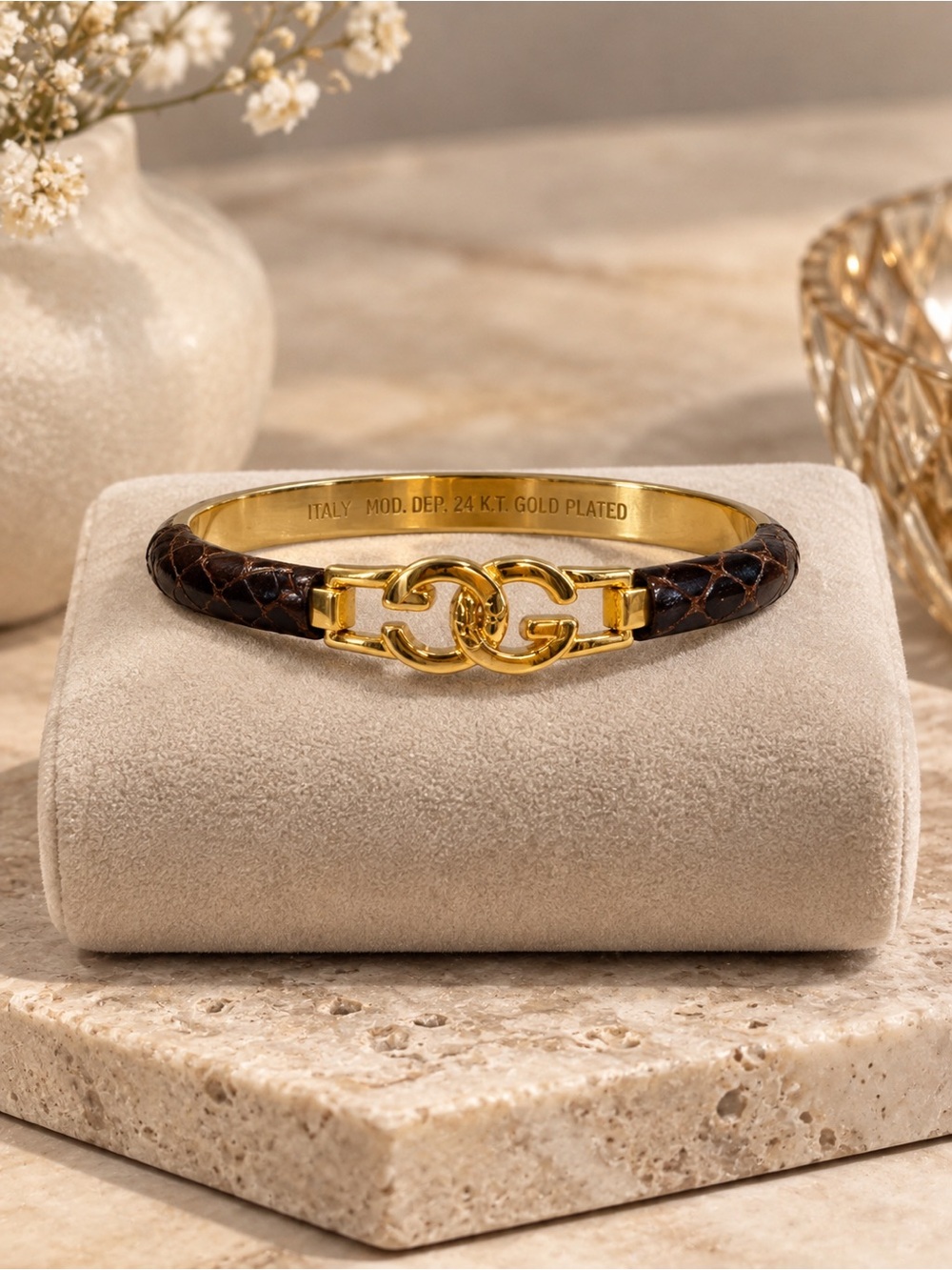 Vintage 70s Gucci Snakeskin 24k Gold-Plated Link Bracelet